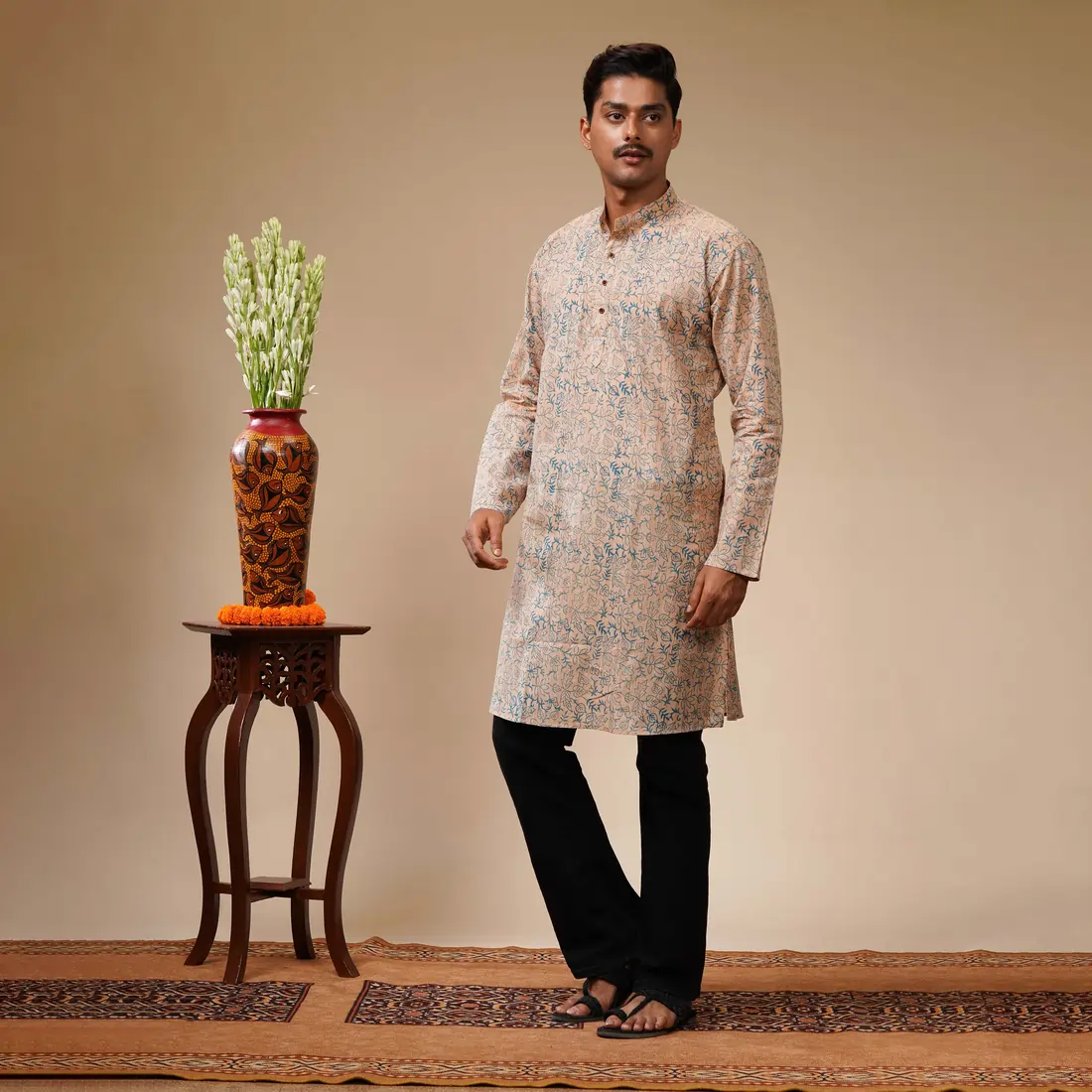 Light Brown With Blue Floral Block Printed Cotton Men's Kurta - Image 2
