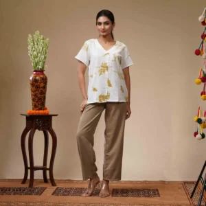 White With Leaf Motif Eco Print Cotton Women's Top