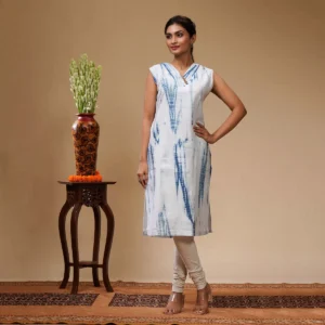 White With Blue Shibori Print Cotton Women's Kurta