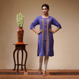 Blue With Vertical Orange Floral Kantha Work Cotton Women's Kurta