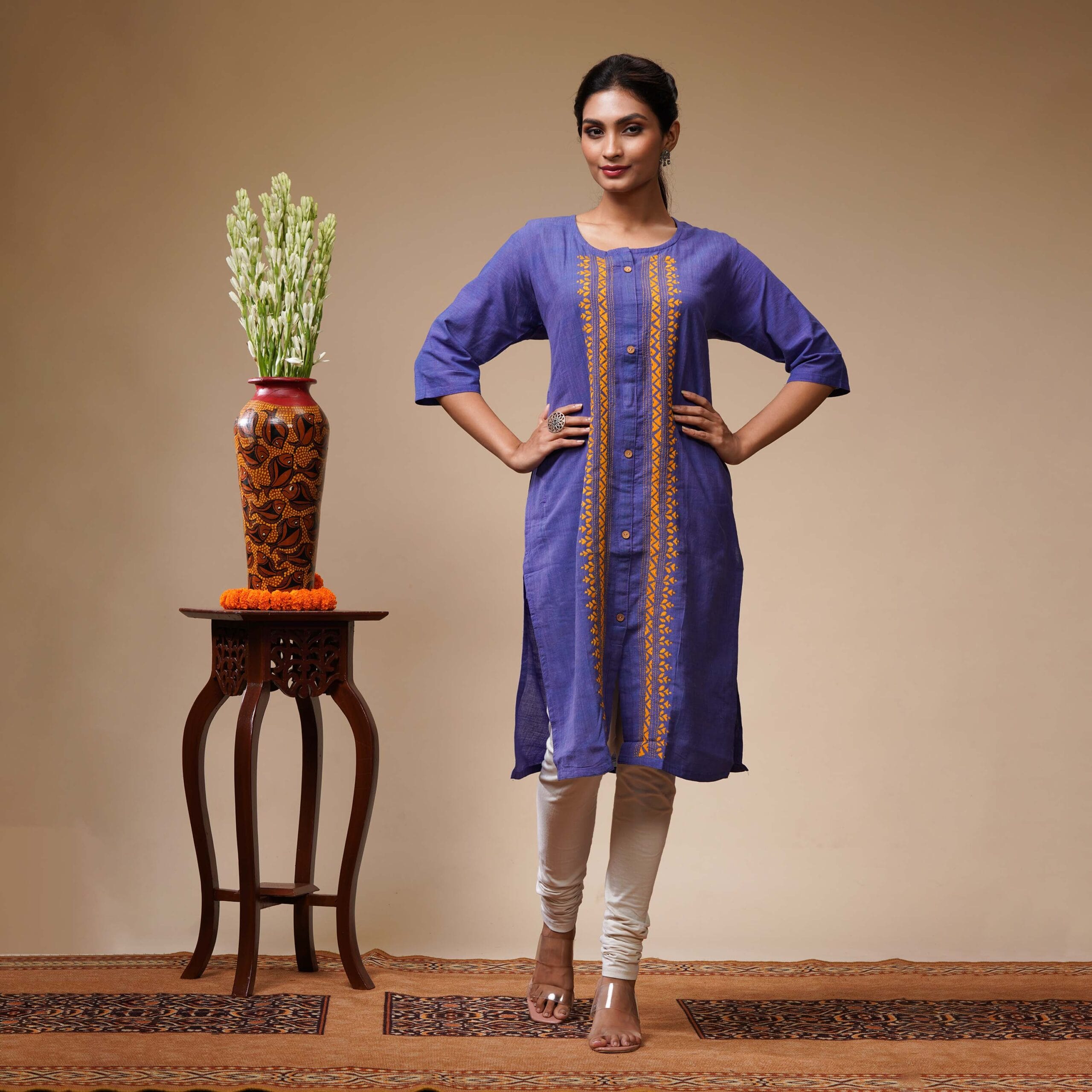 Blue With Vertical Orange Floral Kantha Work Cotton Women's Kurta