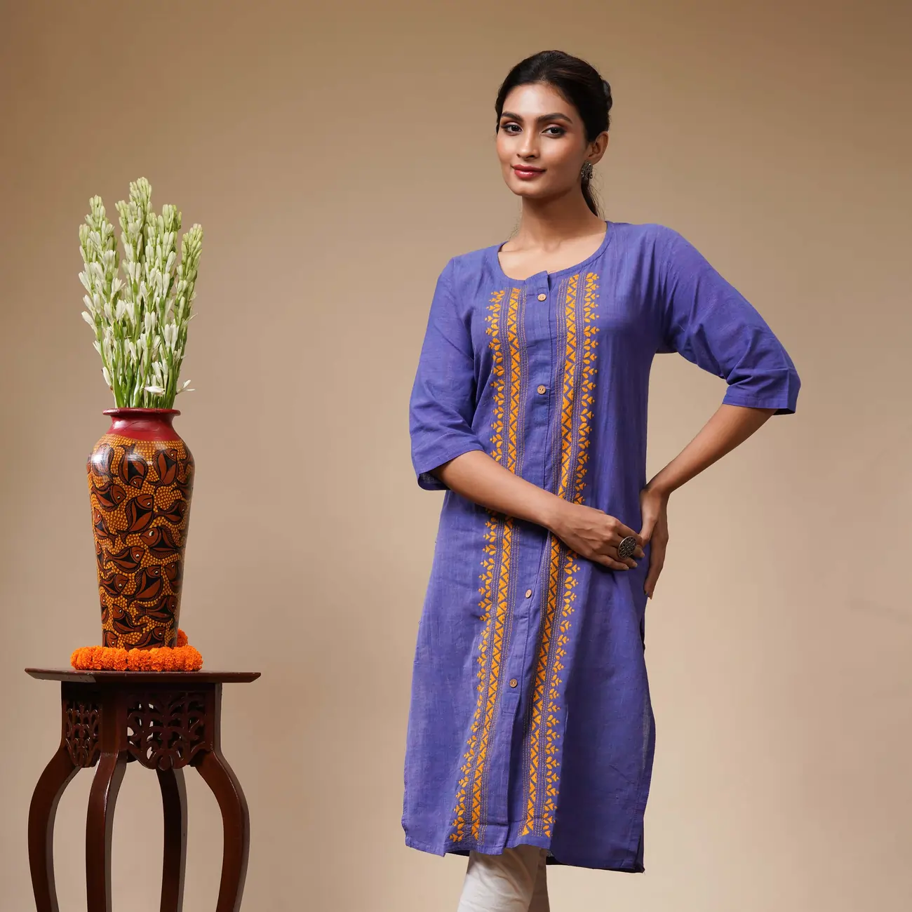 Blue With Vertical Orange Floral Kantha Work Cotton Women's Kurta - Image 3