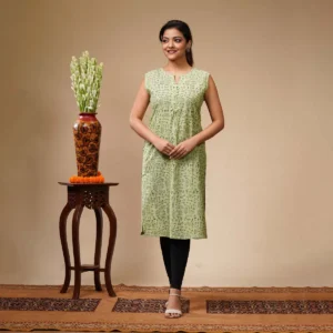 Light Green With Madhubani Printed Cotton Women's Kurta