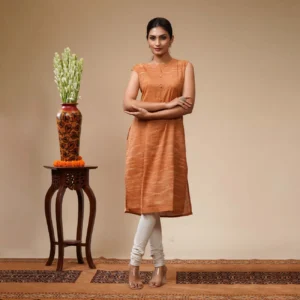 Brown With White Khadi Jharna Stripe Cotton Women's Kurta