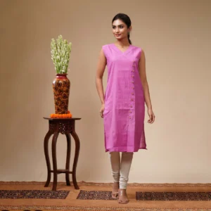 Solid Pink Sleeveless Cotton Women's Kurta