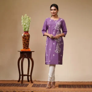Purple With White Floral & Kalka Kantha Work Cotton Women's Kurta