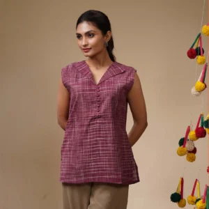 Deep Maroon With White Authentic Jharna Pattern Cotton Top