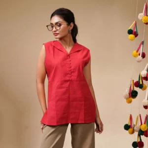 Red Cotton Sleeveless Wome's Top