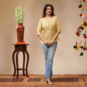 Light Yellow With Multicolour Jharna Stripe Cotton Women's Top