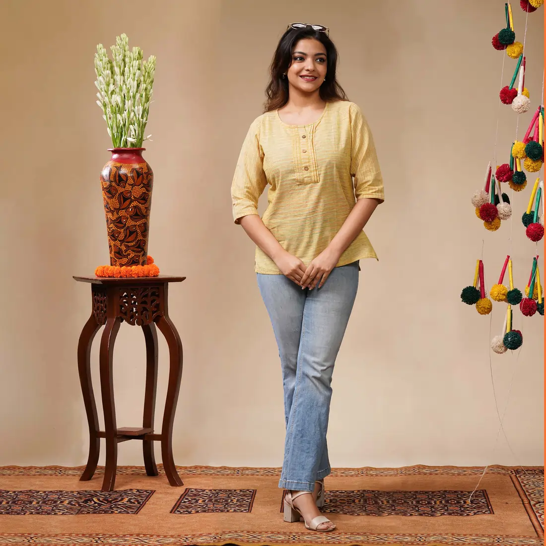 Light Yellow With Multicolour Jharna Stripe Cotton Women's Top