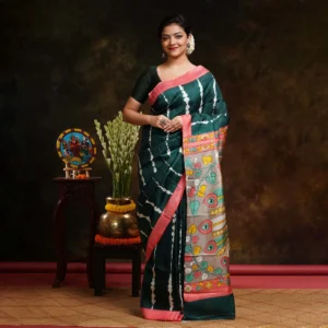 Dark Greeen And White Shibori Printd Bishnupur Silk Saree