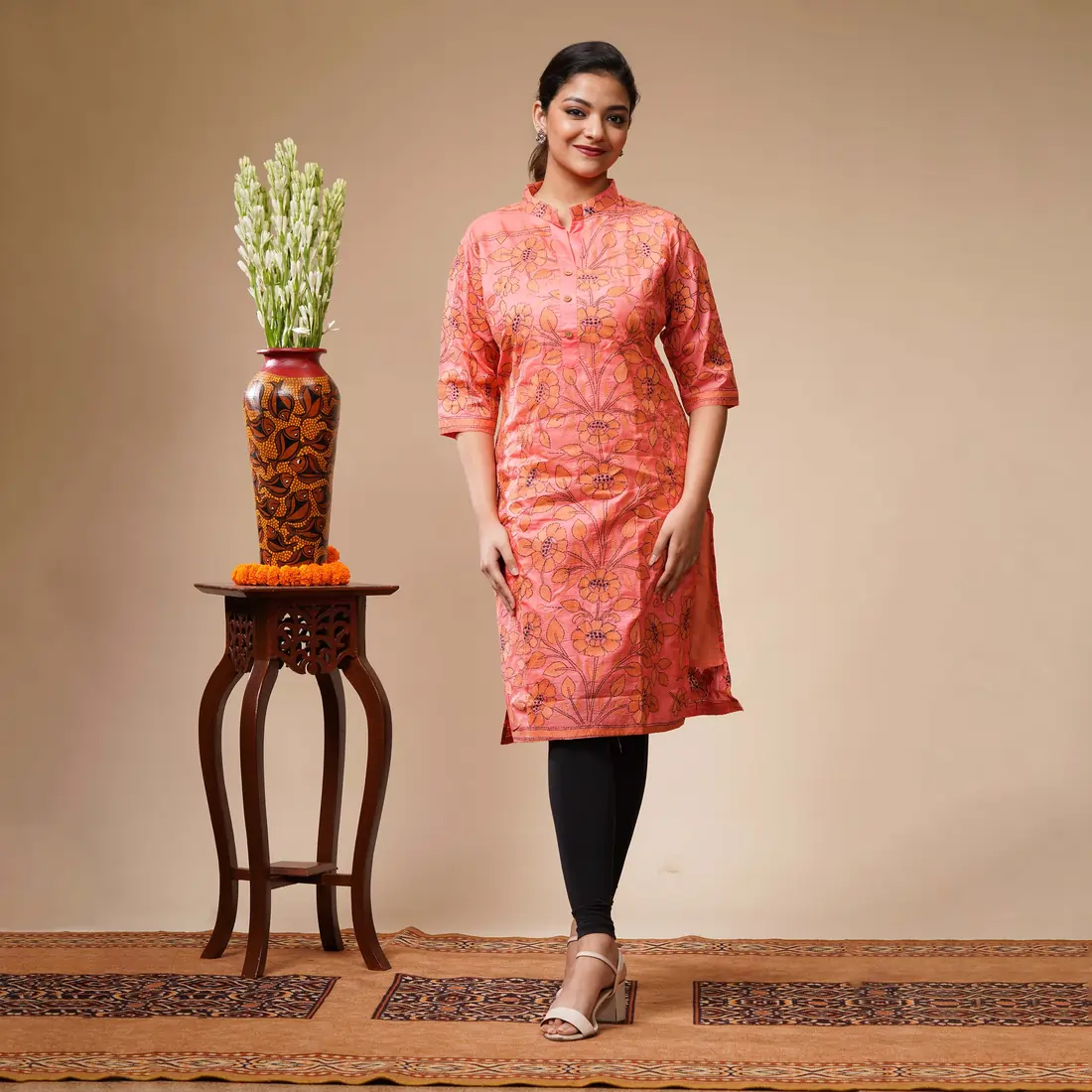 Peach Colour With Orange Floral Kantha Work Silk Women's Kurta