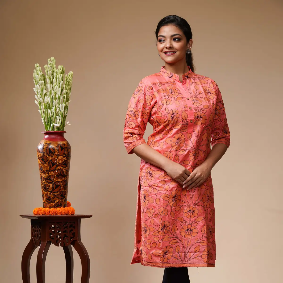 Peach Colour With Orange Floral Kantha Work Silk Women's Kurta - Image 2