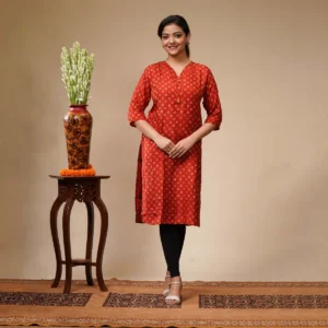 Rust Colour With White Block Printed Silk Women's Kurta