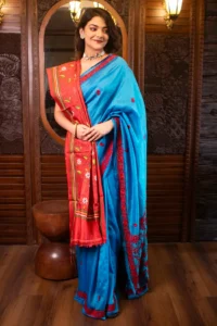 Blue Gachi Tussar Silk Saree with Parsi Gara Floral Embroidery