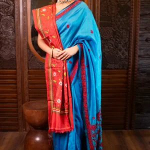 Blue Gachi Tussar Silk Saree with Parsi Gara Floral Embroidery