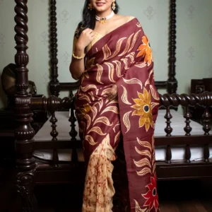 Maroon With Deep Yellow Floral Motif Silk Hand Batik Saree