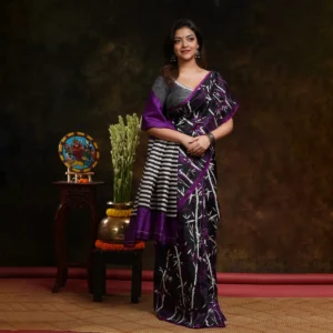 Black With Purple And White Bamboo Print Bishnupuri Silk Saree