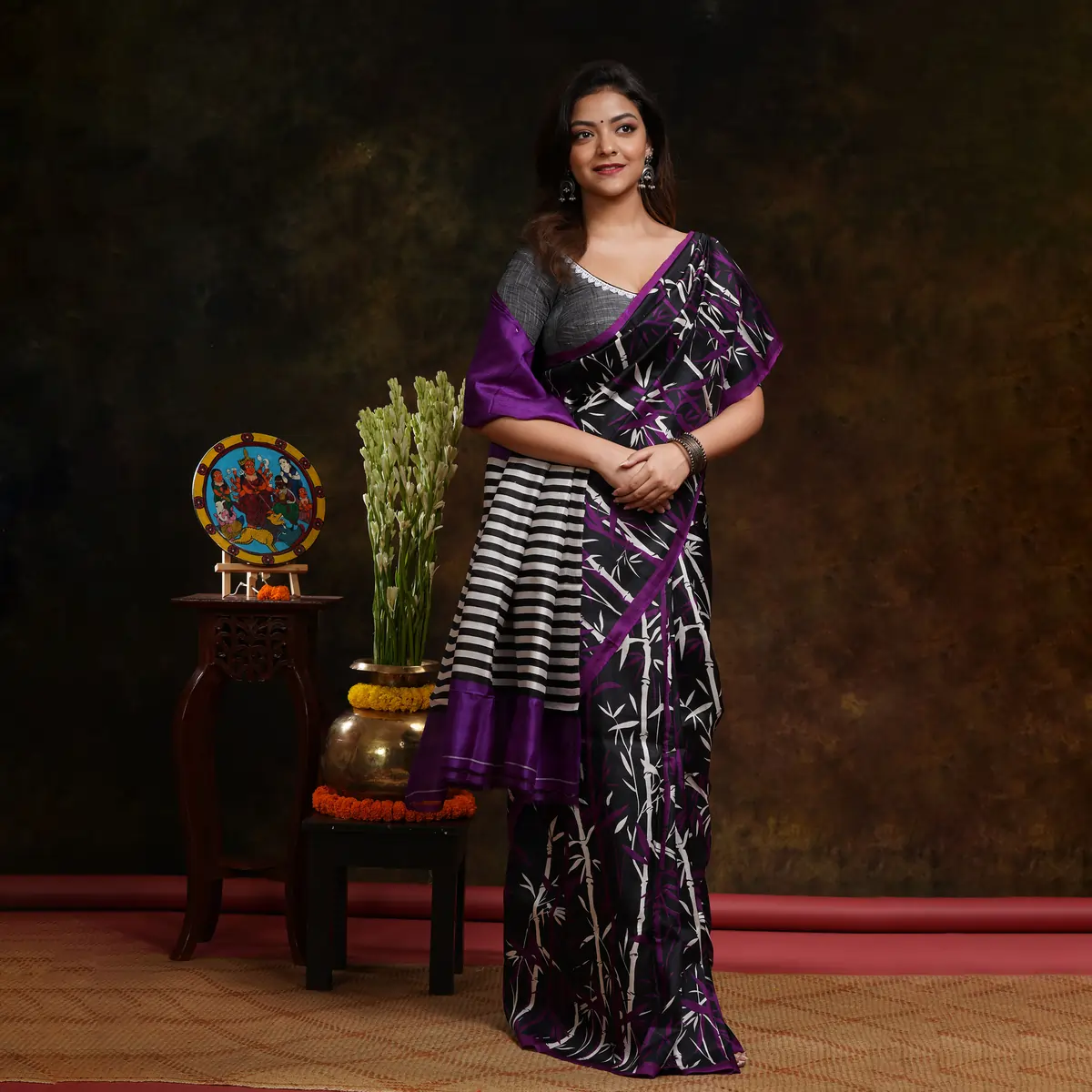 Black With Purple And White Bamboo Print Bishnupuri Silk Saree