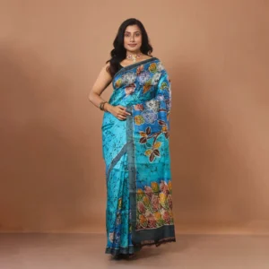 Azure Blue Patachitra & Batik Work Pure Bishnupuri Silk Saree