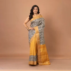 Charcoal & Natural Floral Block-Printed With Mustard Zari Tussar Saree