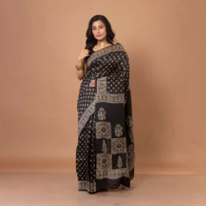 Midnight Black Block Printed Bishnupuri Silk Saree