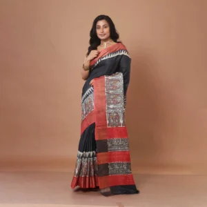 Block Painted Tribal Motif Tussar Saree with Contrast Zari Border