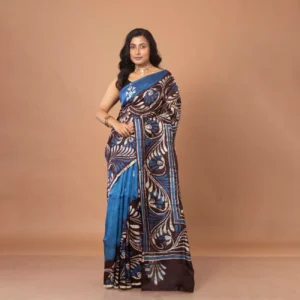 Azure Blue Hand Batik Murshidabad Silk Saree
