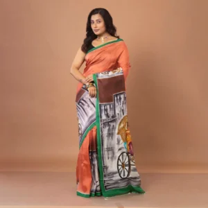 Terracotta Orange With Hand-Painted Urban Mural Bishnupuri Silk Saree