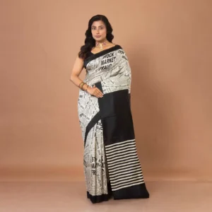 Black & White Newspaper Motif Designer Print Bishnupuri Silk Saree