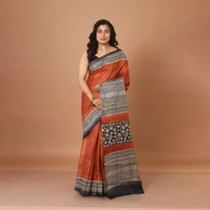 Rust & Monochrome Hand-Block Gachi Tussar Saree
