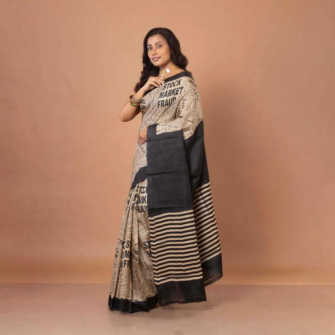 Black & Natural Colour Newspaper Motif Designer Print Gachi Tussar Saree - Image 2