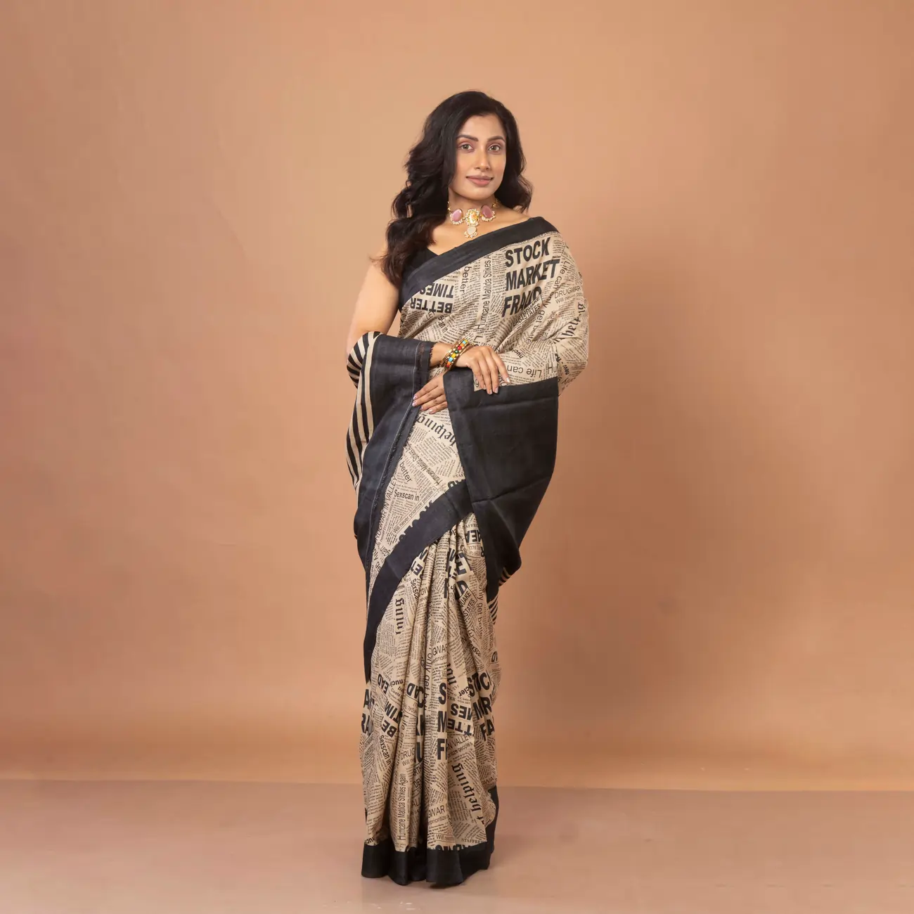 Black & Natural Colour Newspaper Motif Designer Print Gachi Tussar Saree - Image 3