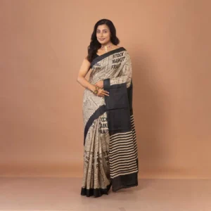Black & Natural Colour Newspaper Motif Designer Print Gachi Tussar Saree