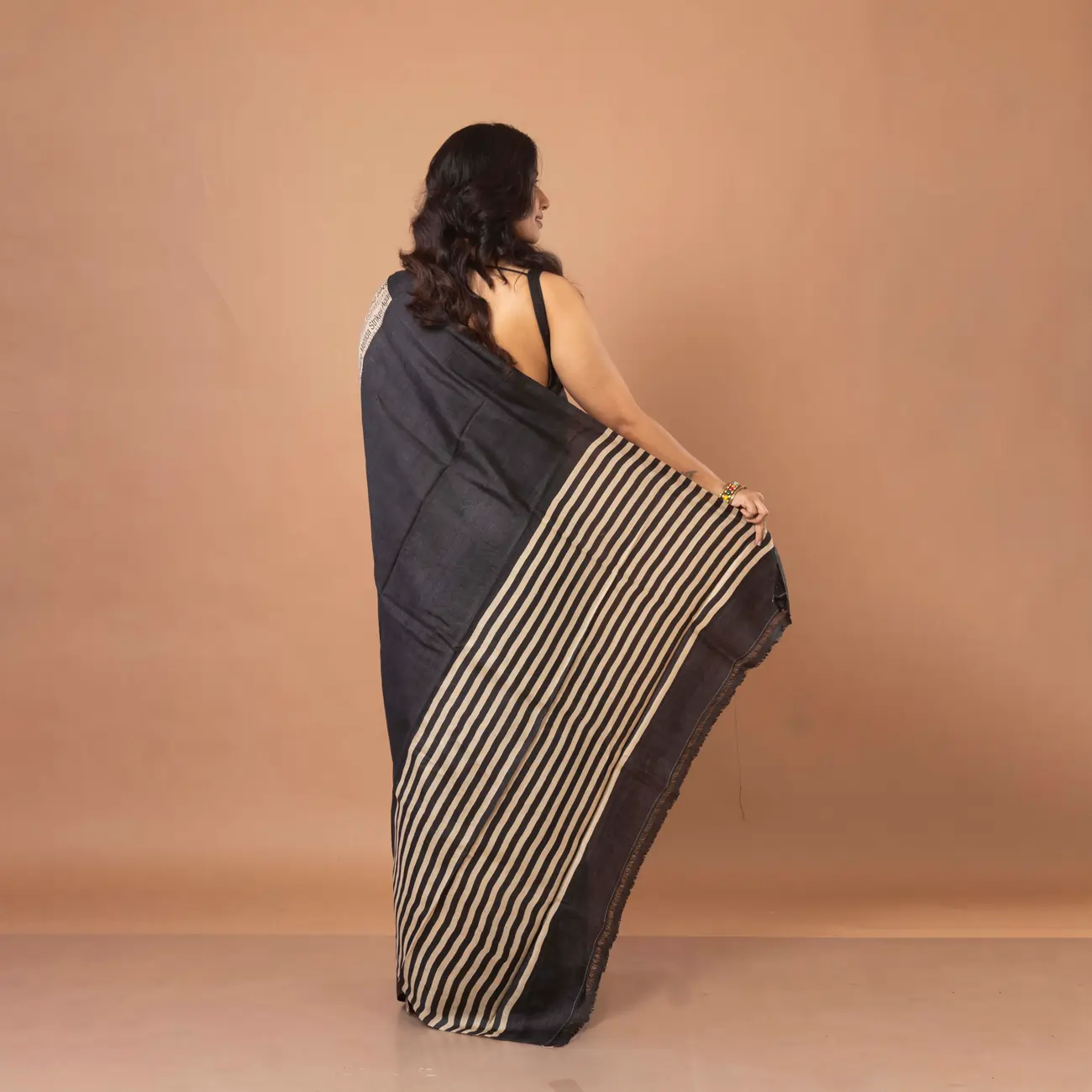 Black & Natural Colour Newspaper Motif Designer Print Gachi Tussar Saree - Image 4