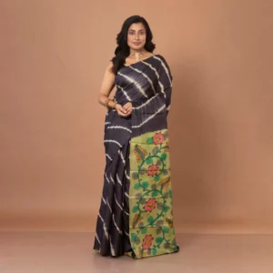 Tussar Charcoal Shibori With Hand-Painted Kalamkari Pallu Saree