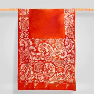 Vibrant Orange With White Batik Floral And Kalka Motif Silk Saree