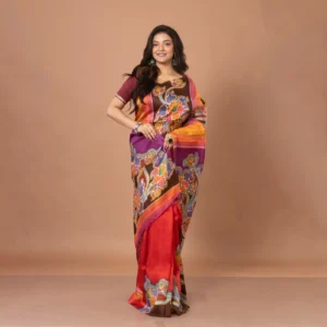 Exquisite Vibrant Floral Hand-Painted Bishnupuri Katan Silk Saree