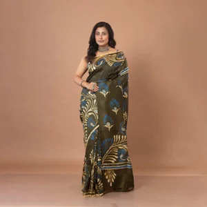 Olive & Cerulean Blue Bishnupuri Silk Hand-Batik Saree