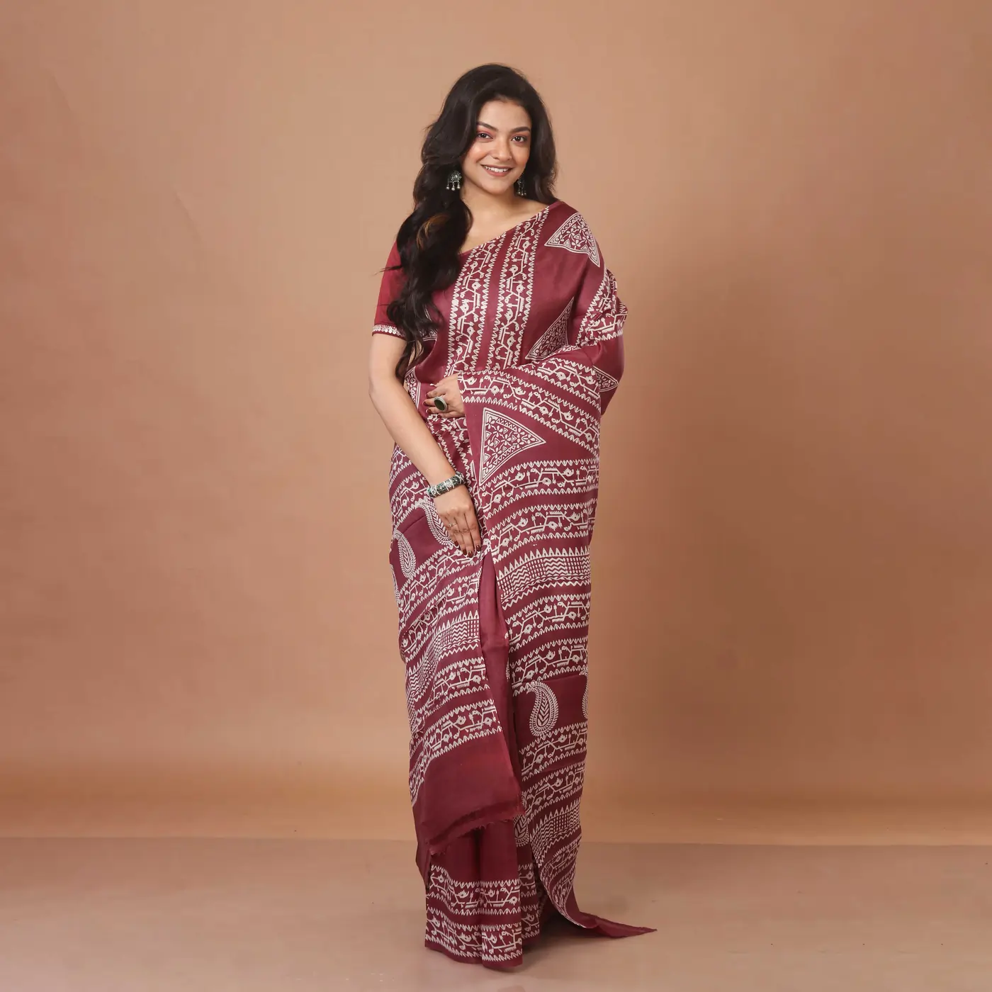 Maroon & White Hand-Block Printed Murshidabad Pure Silk Saree - Image 2