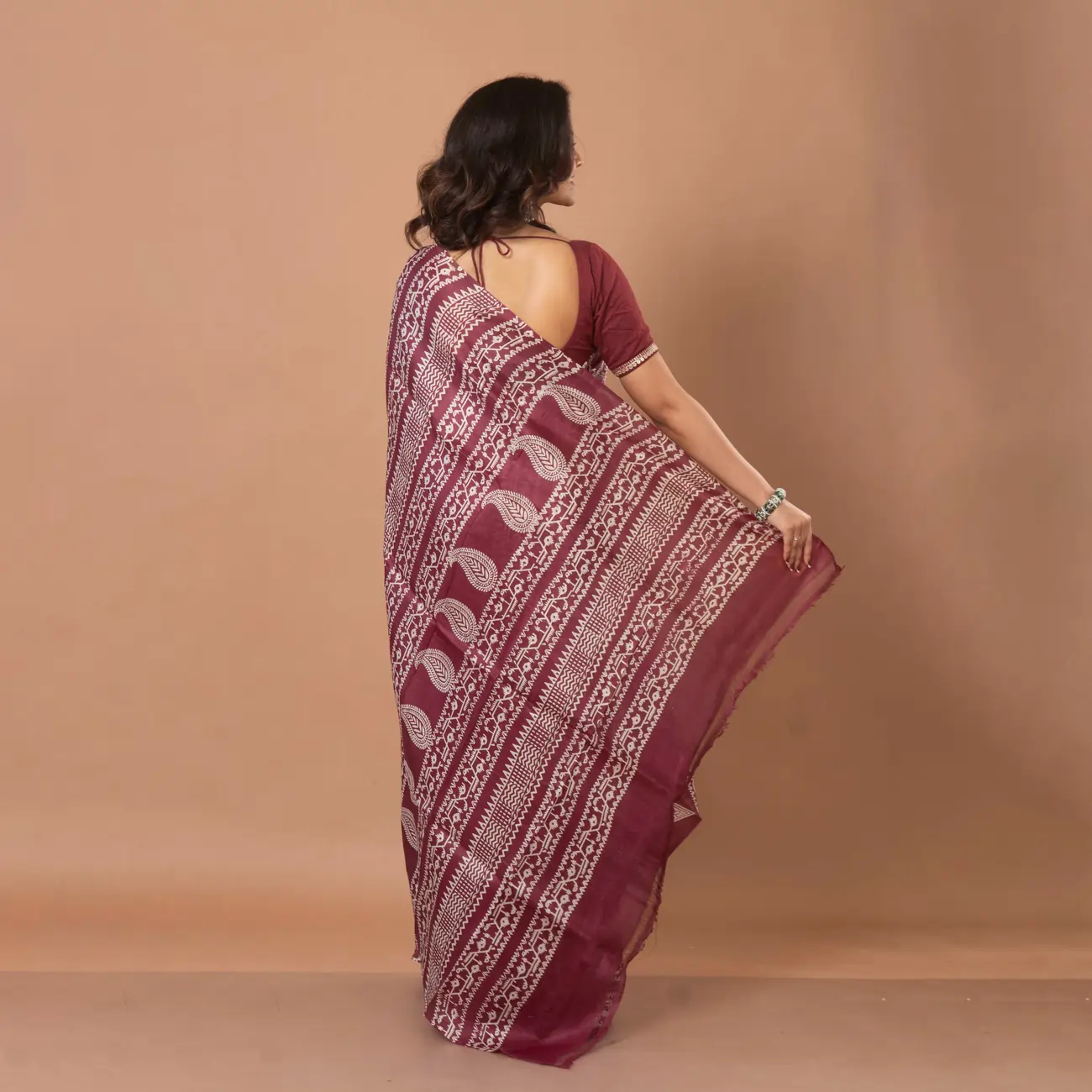 Maroon & White Hand-Block Printed Murshidabad Pure Silk Saree - Image 3