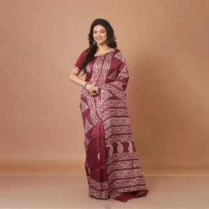 Maroon & White Hand-Block Printed Murshidabad Pure Silk Saree