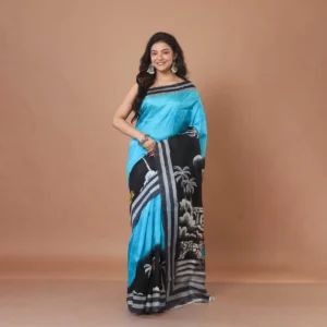Sky Blue & Black Hand-Painted Bishnuouri Silk Saree