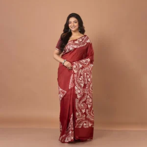 Maroon Bishnupuri Silk Saree with Handcrafted Soru Tuli Batik Alpana