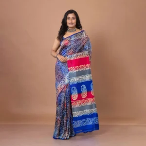 Sapphire Blue & Crimson Red With White Block Printed Bishnupuri Silk Saree