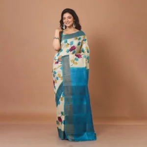 Natural Floral Zari Tussar Silk Saree with Teal Border & Rich Pallu