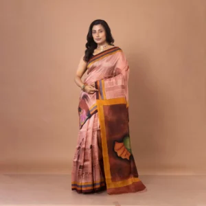 Peach & Rust Hand-Printed Bishnupuri Silk Saree with Contrast Border