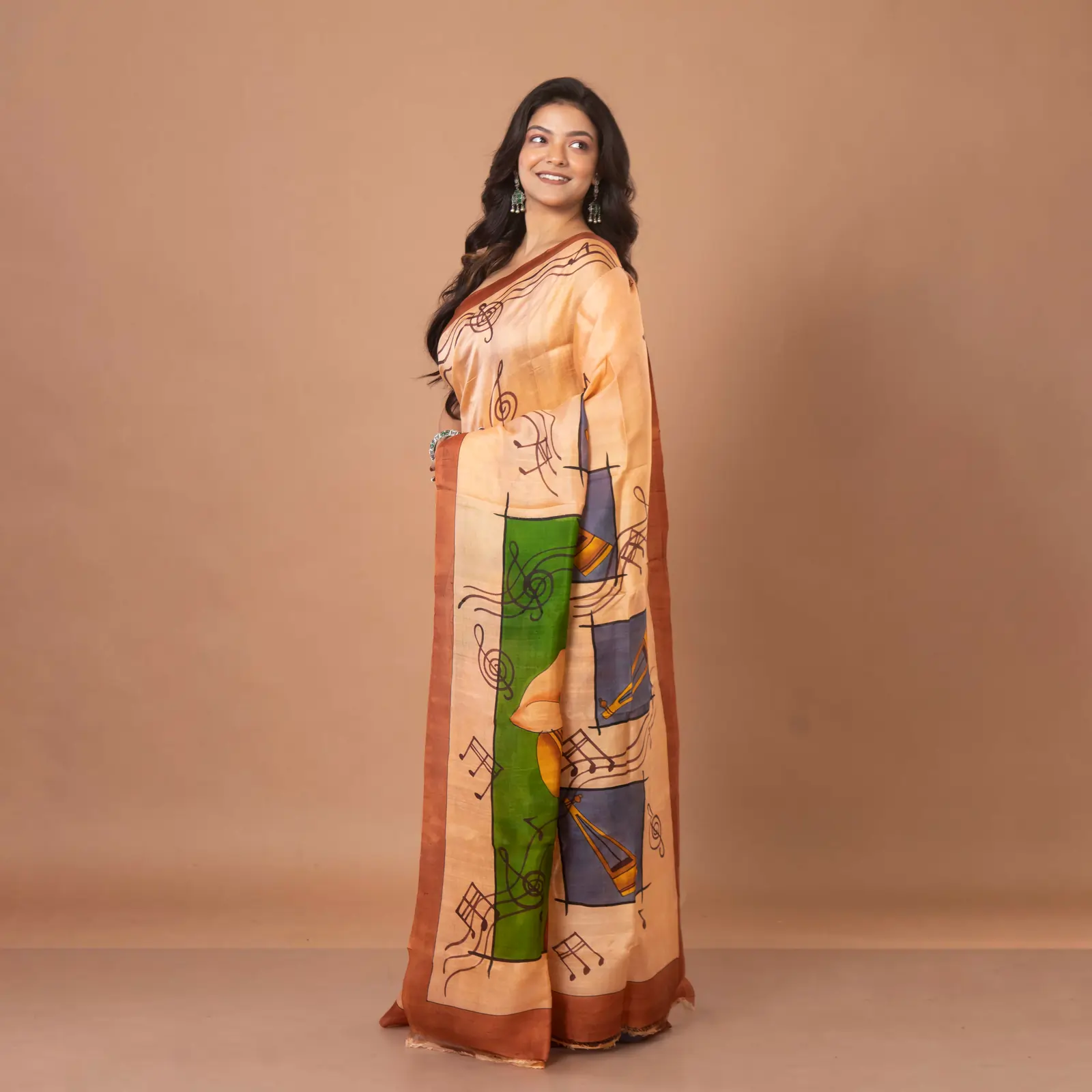 Light Brown Hand-Painted Bishupur Silk Saree with Musical Motif Work - Image 2