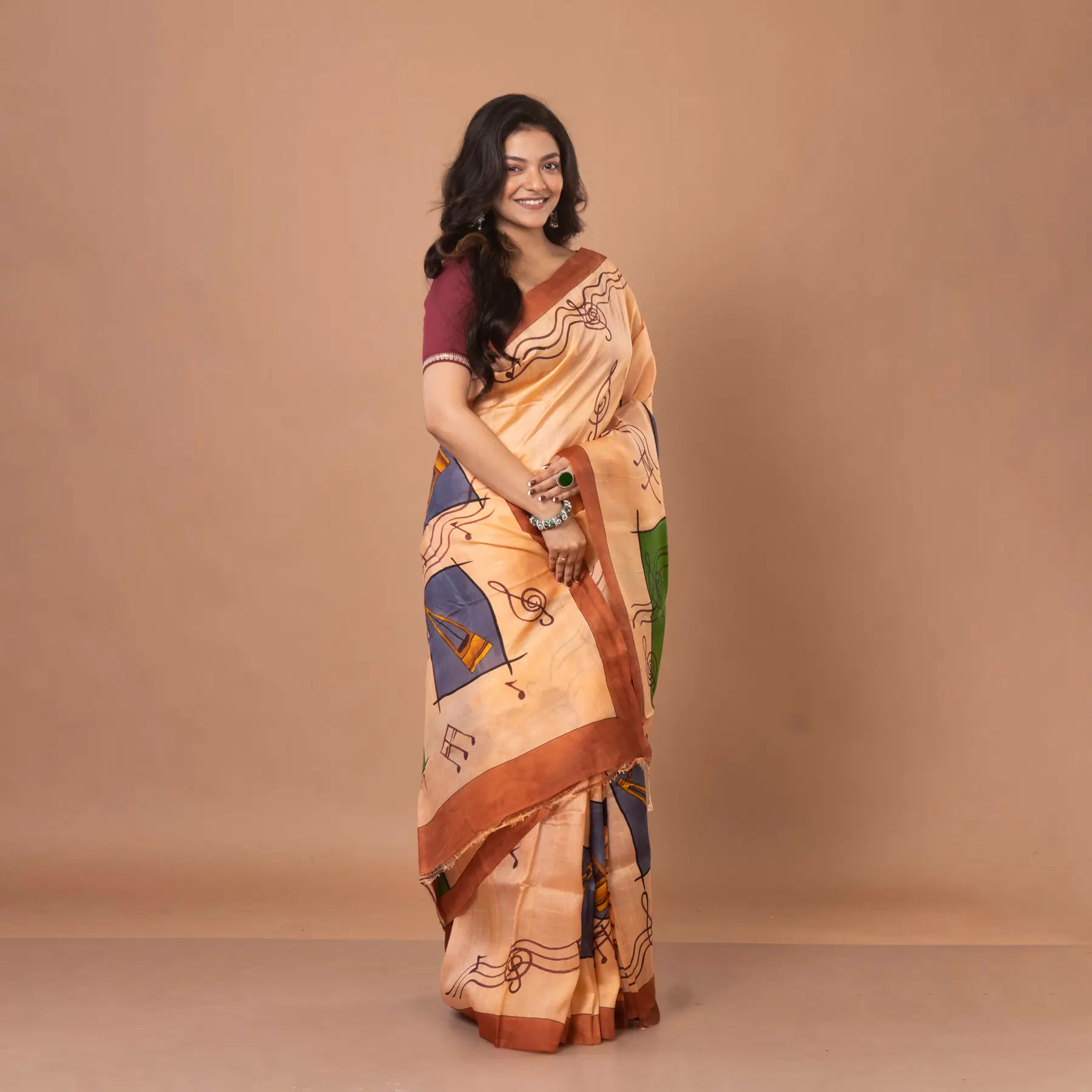 Light Brown Hand-Painted Bishupur Silk Saree with Musical Motif Work - Image 3
