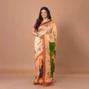 Light Brown Hand-Painted Bishupur Silk Saree with Musical Motif Work